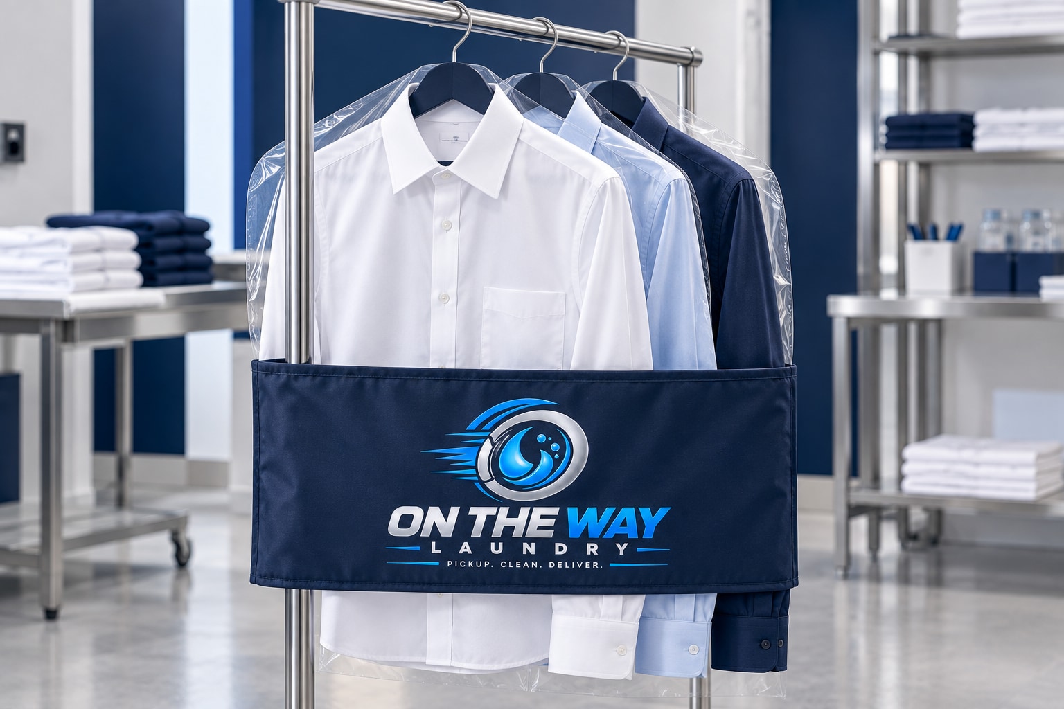 Freshly pressed blue dress shirt protected on a hanger